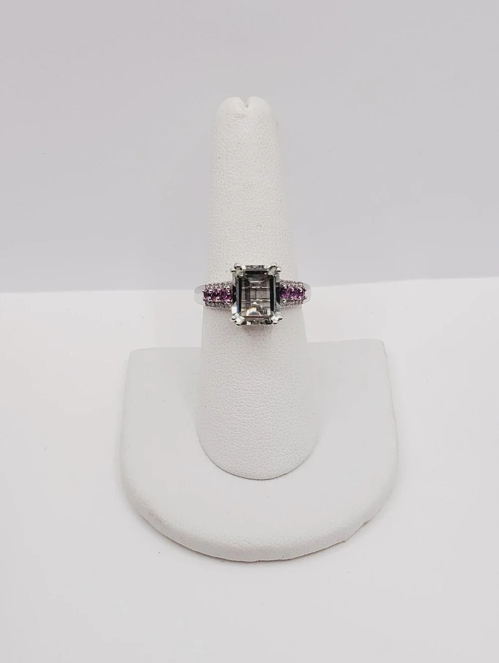 Emerald Cut Montezuma Prasiolite & Pink Tourmaline 925 Sterling Silver Ring